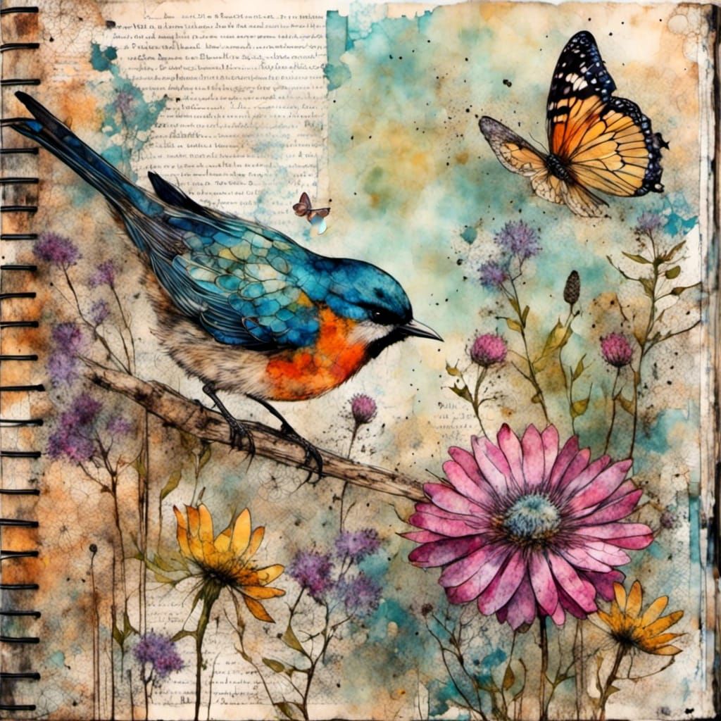 Bird and Butterfly Art Journal Mixed Media Collage