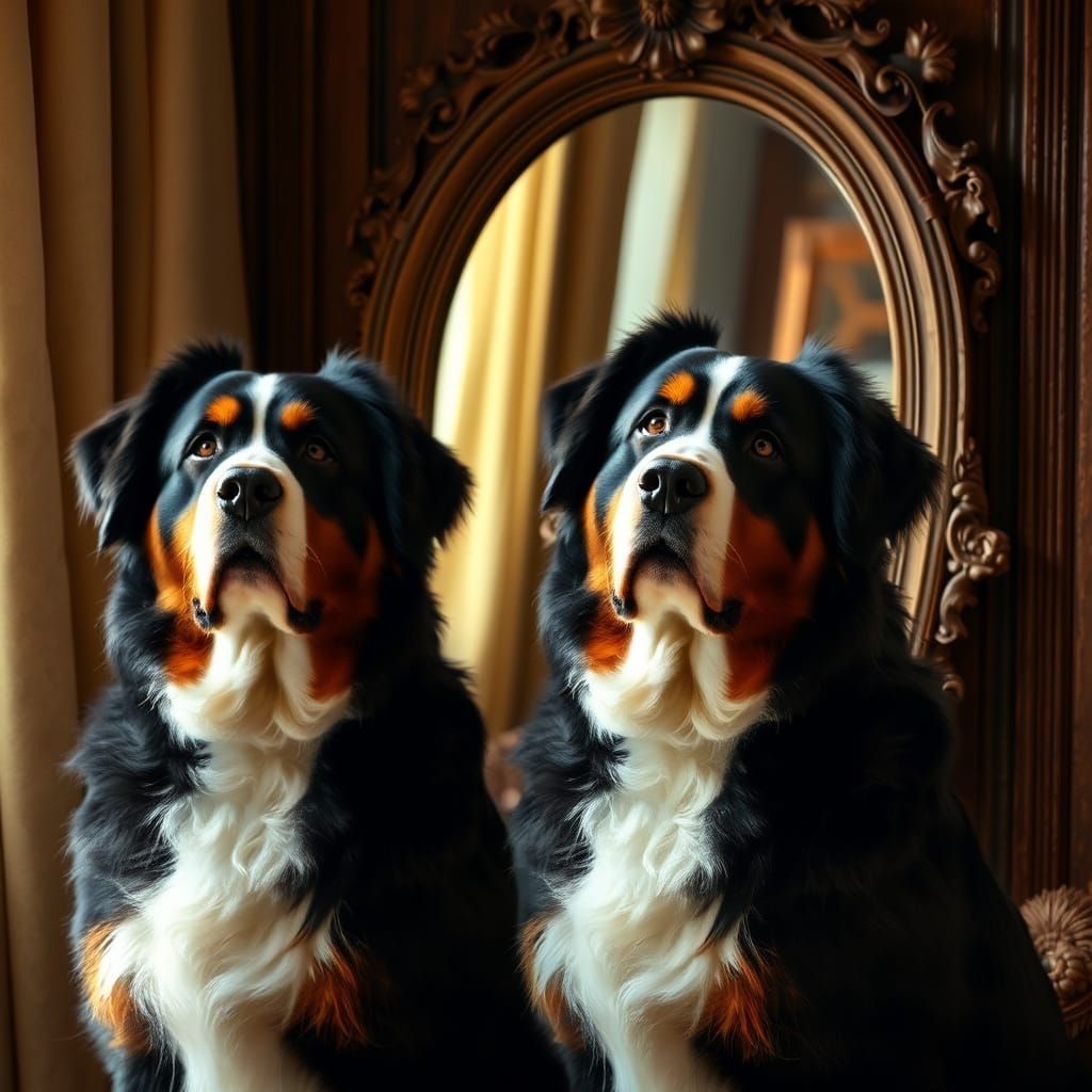 A Bernese Mountain Dog Contemplates Its Reflection in a Gran...