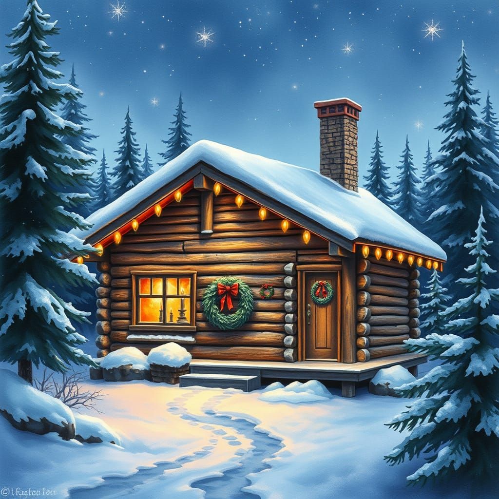 Cozy Winter Cabin with Christmas Lights, Hyperrealistic Wate...