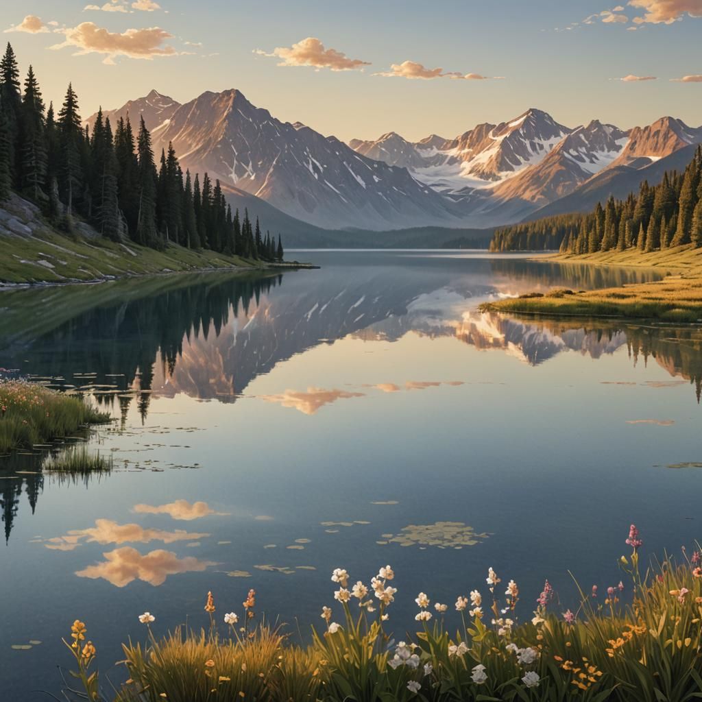 Tranquil Mountain Lake at Dawn: A Matte Painting