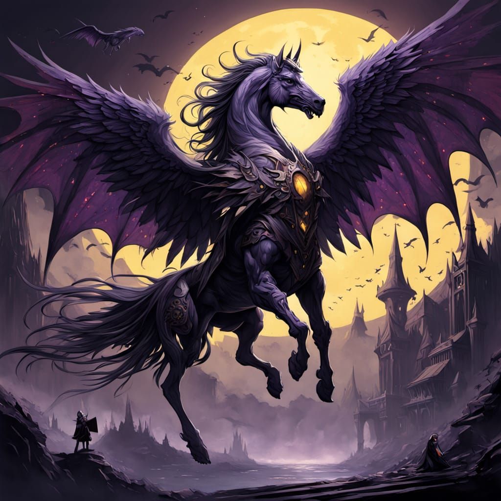 Dark Fantasy Pegasus Soars Through Mystical Realm