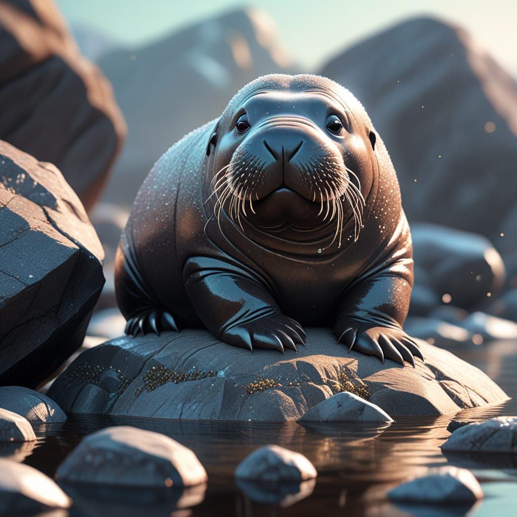 Baby Walrus on Ice: 3D Anime Art
