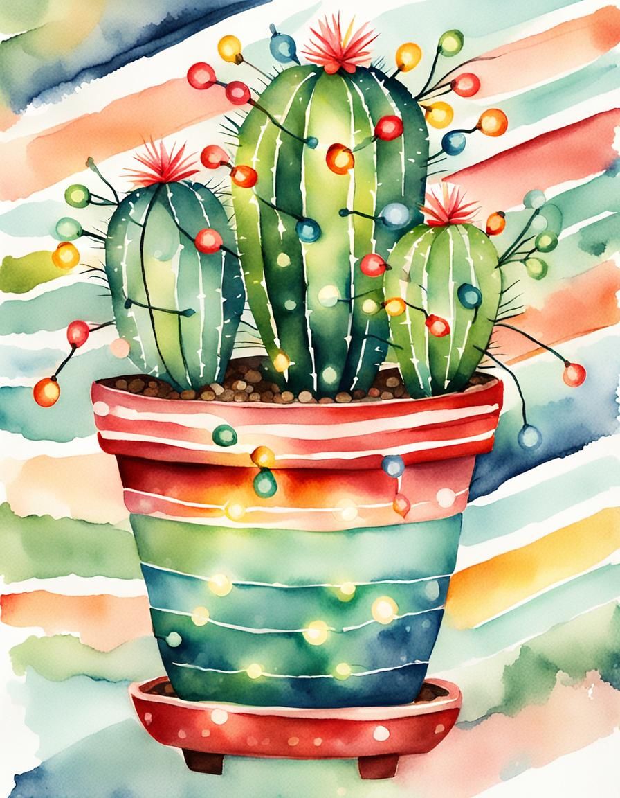 Festive Cactus with Christmas Lights Watercolor Illustration
