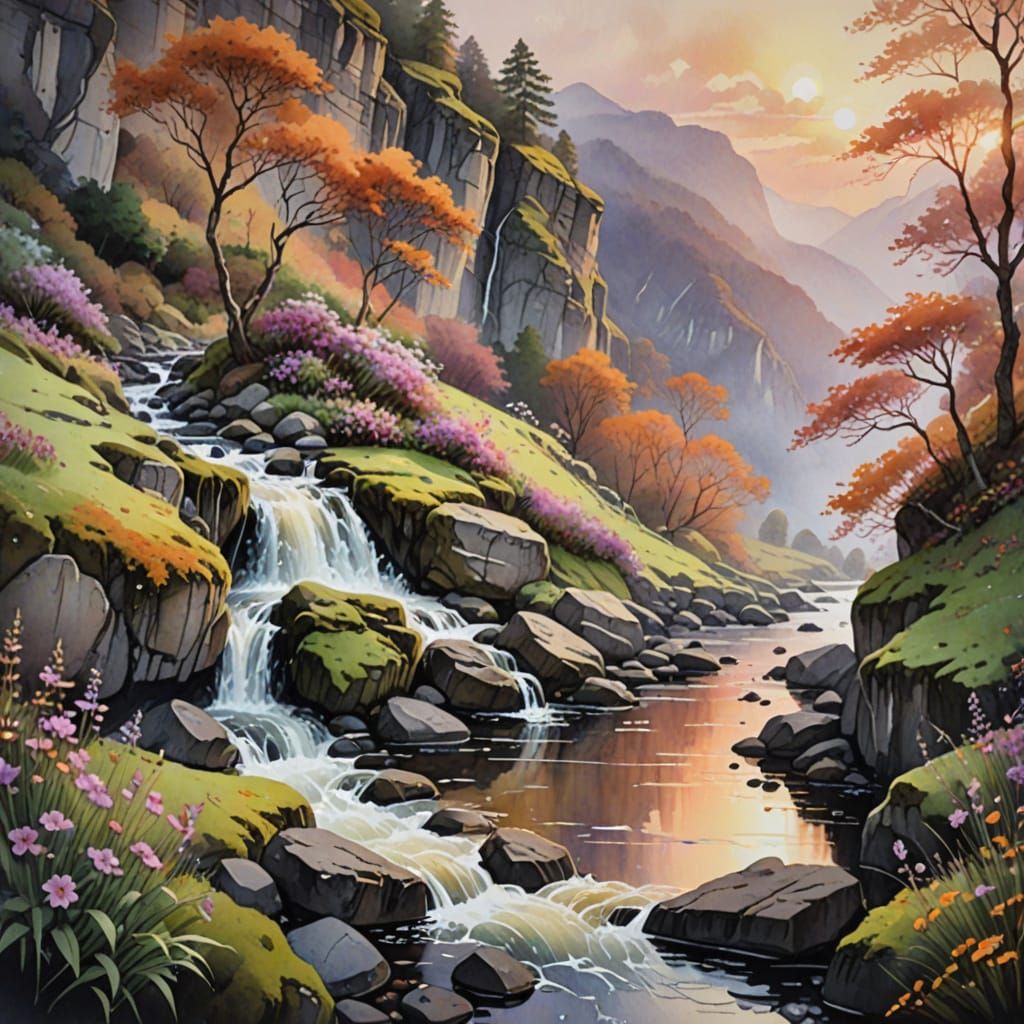 Mossy Cliff Overlooking River at Autumn Sunset