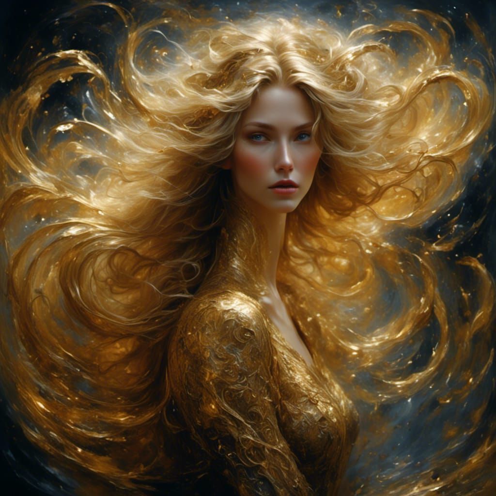 Ethereal Woman Portrait in Gold Celestial Swirls
