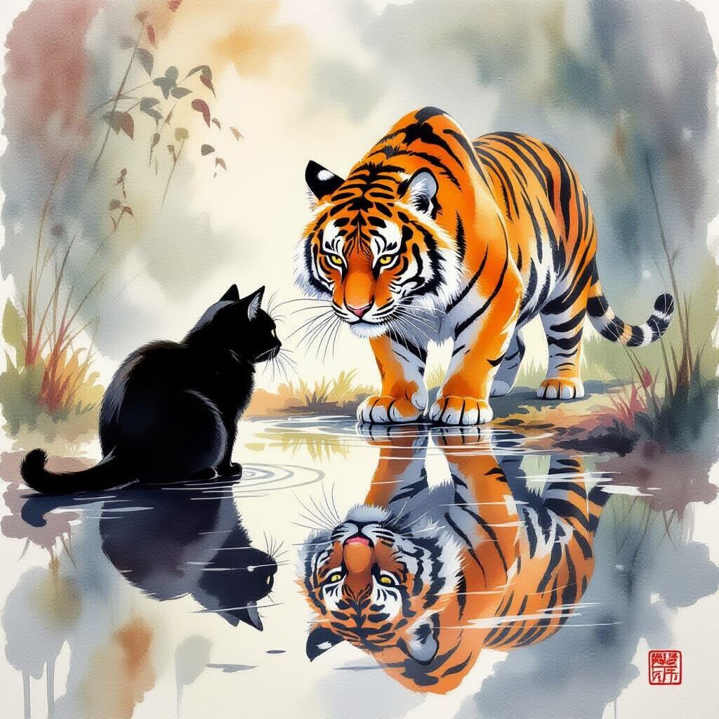 Black Cat's Puddle Reflection Reveals Tiger in Watercolour
