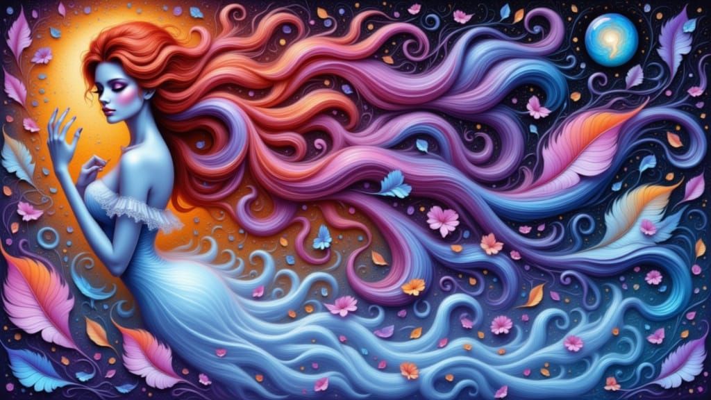 Dreamlike Mother Surrounded by Vibrant Feathers in a Surreal...