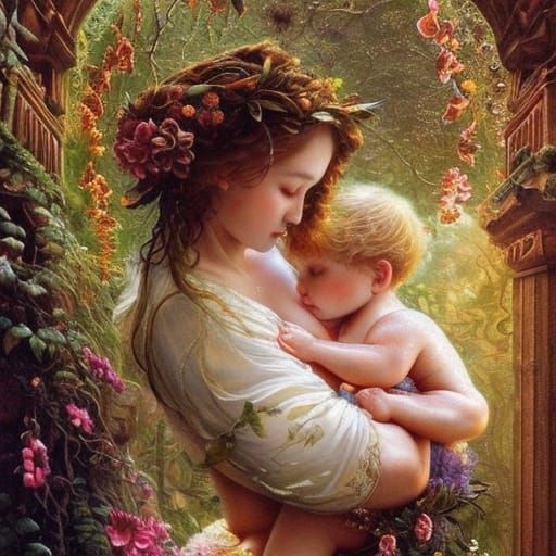 Intricate Portrait of Mother Breastfeeding in Digital Art
