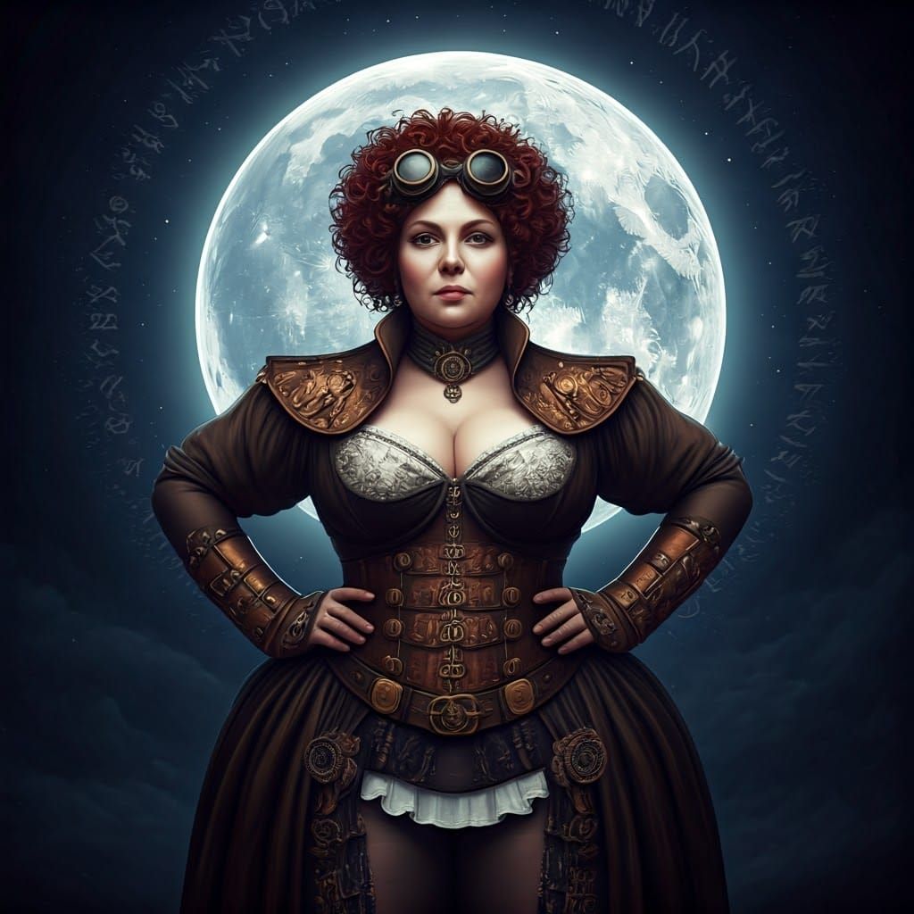 Steampunk Woman Under Runed Moon, Cinematic Style