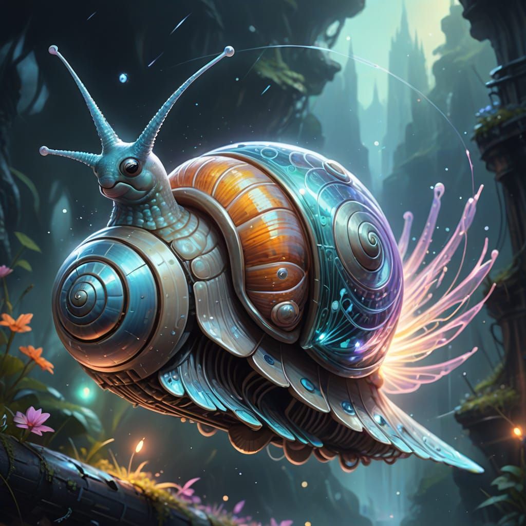 Flying Whimsical Snail with Jet Wings: Fantasy Art