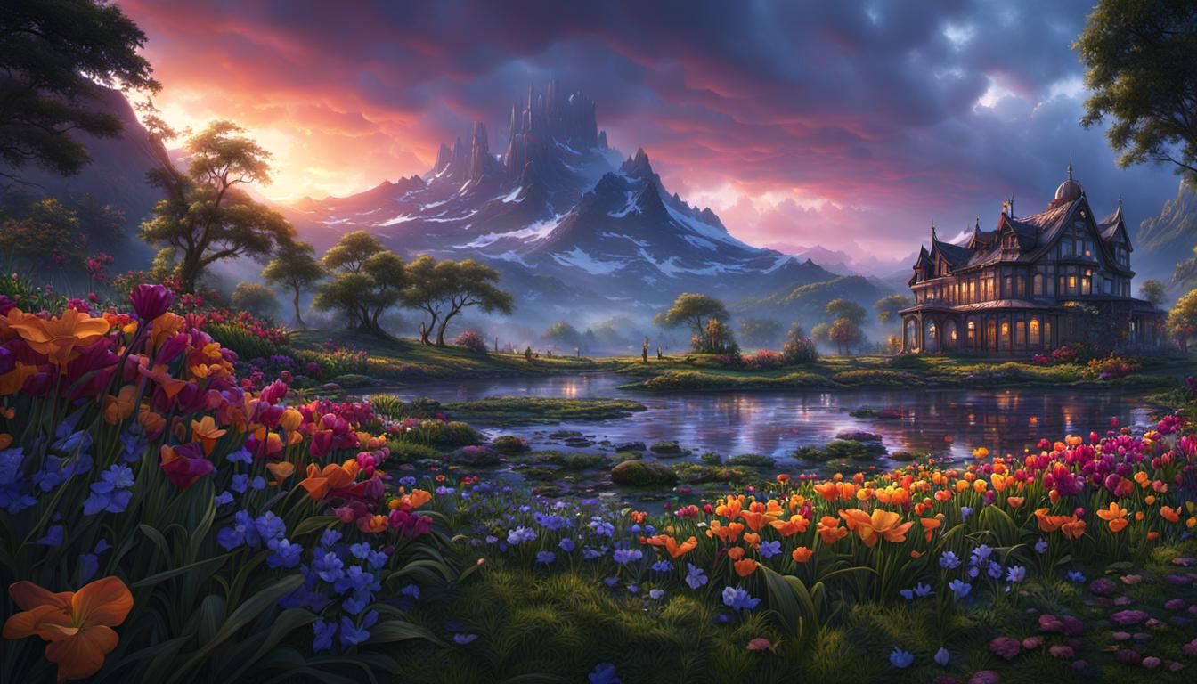Sunrise Flowers in April Showers: Fantasy Concept Art