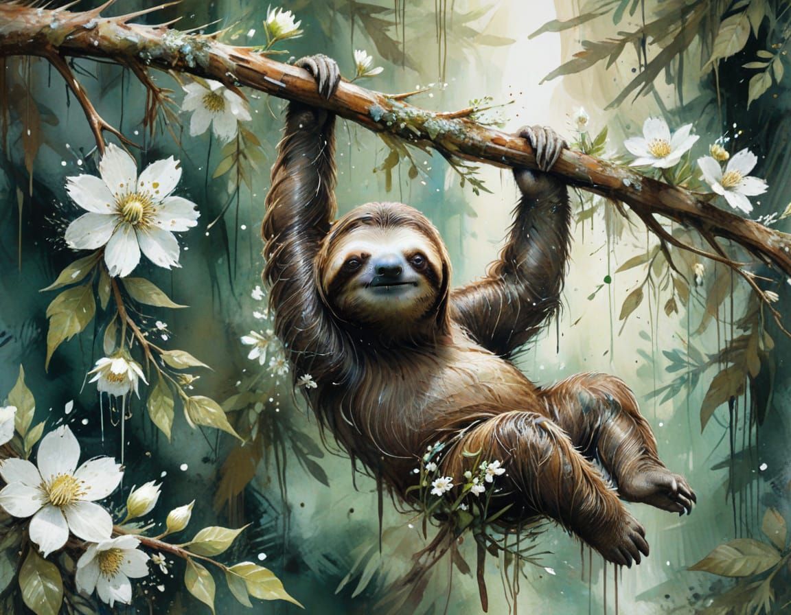 Ethereal Sloth in Nature Watercolor Painting