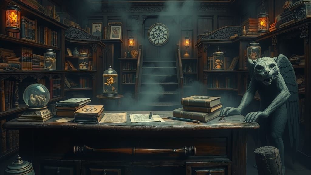 Grimdark Magic Shop with Golem in Gothic Style