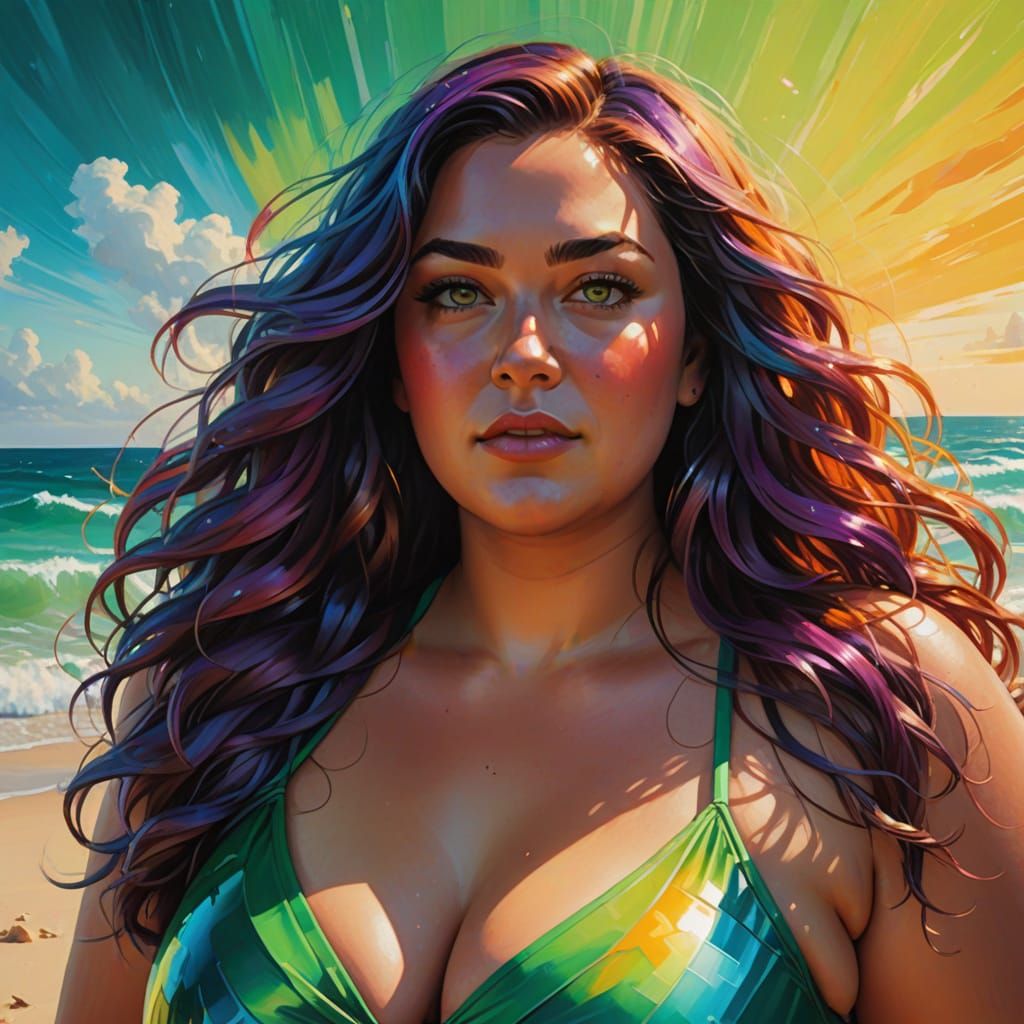 Plus-Sized Woman on Beach in Pixar Style
