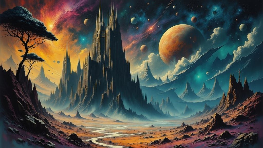 Exoplanet Gothic Church in Cosmic Sky - Digital Matte Painti...