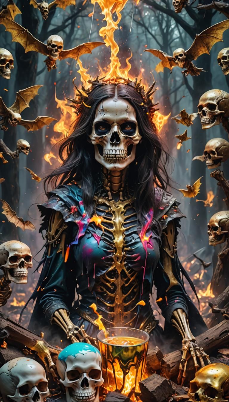 Psychedelic Portrait: Girl, Skeleton, and Golden Skull