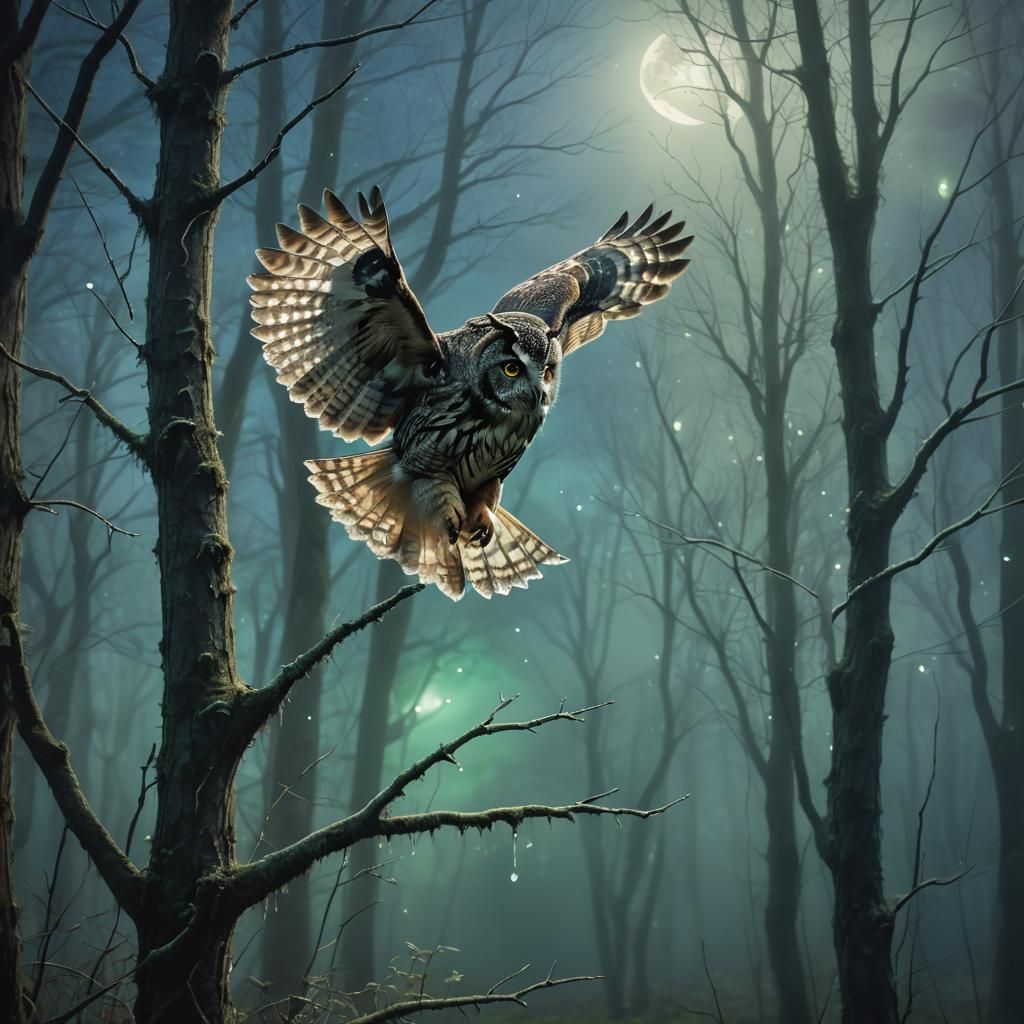 Owl in Moonlit Woods: Ethereal Nocturnal Digital Art