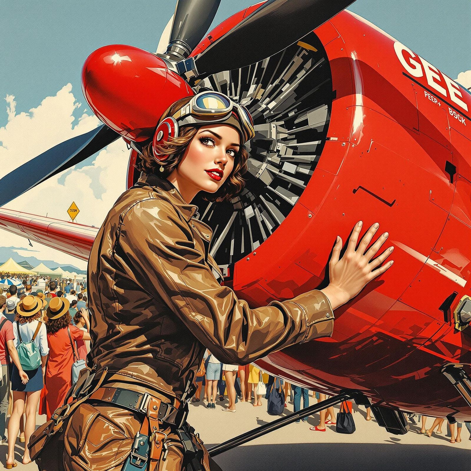Vintage Racer Girl with Crimson Gee Bee Airplane