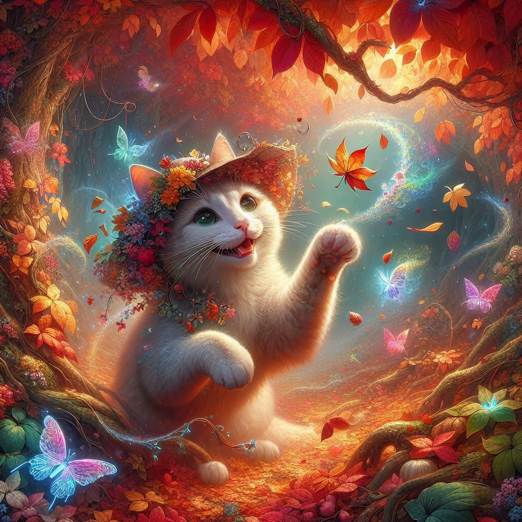 Playful Cat Amidst Autumn Leaves in Fantasy Concept Art Styl...