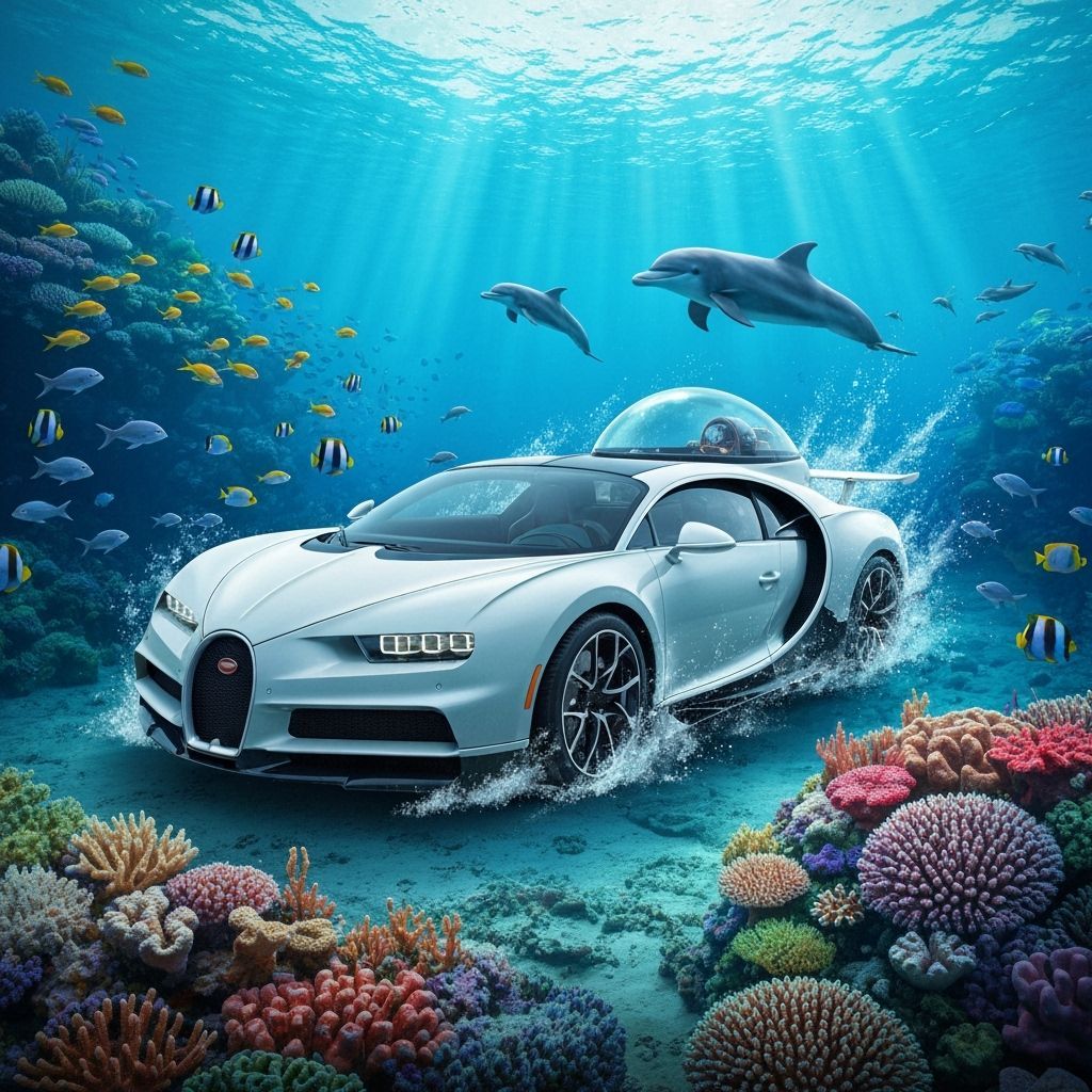 Bugatti Chiron Cruises Coral Reef: Hyperrealistic Splash Art