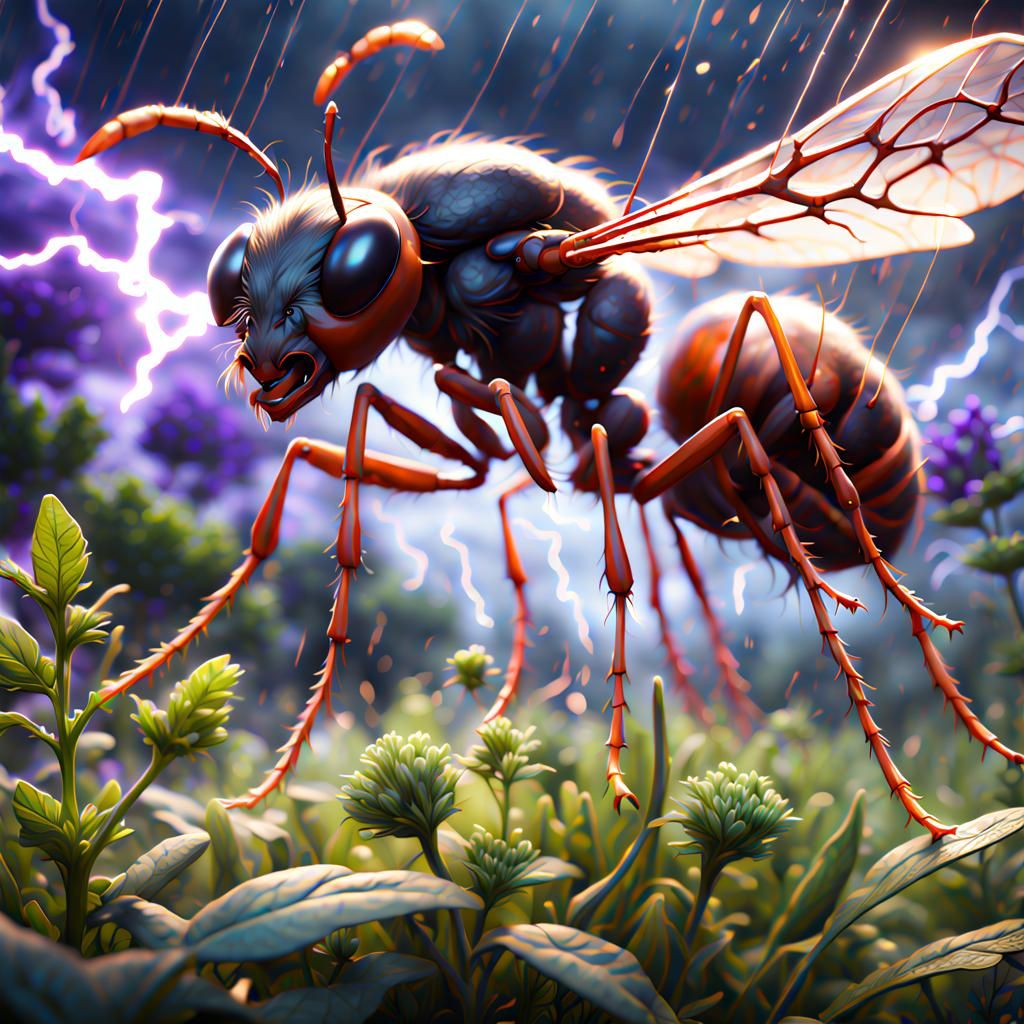 Flying Ant in Thunderstorm, Detailed Matte Painting