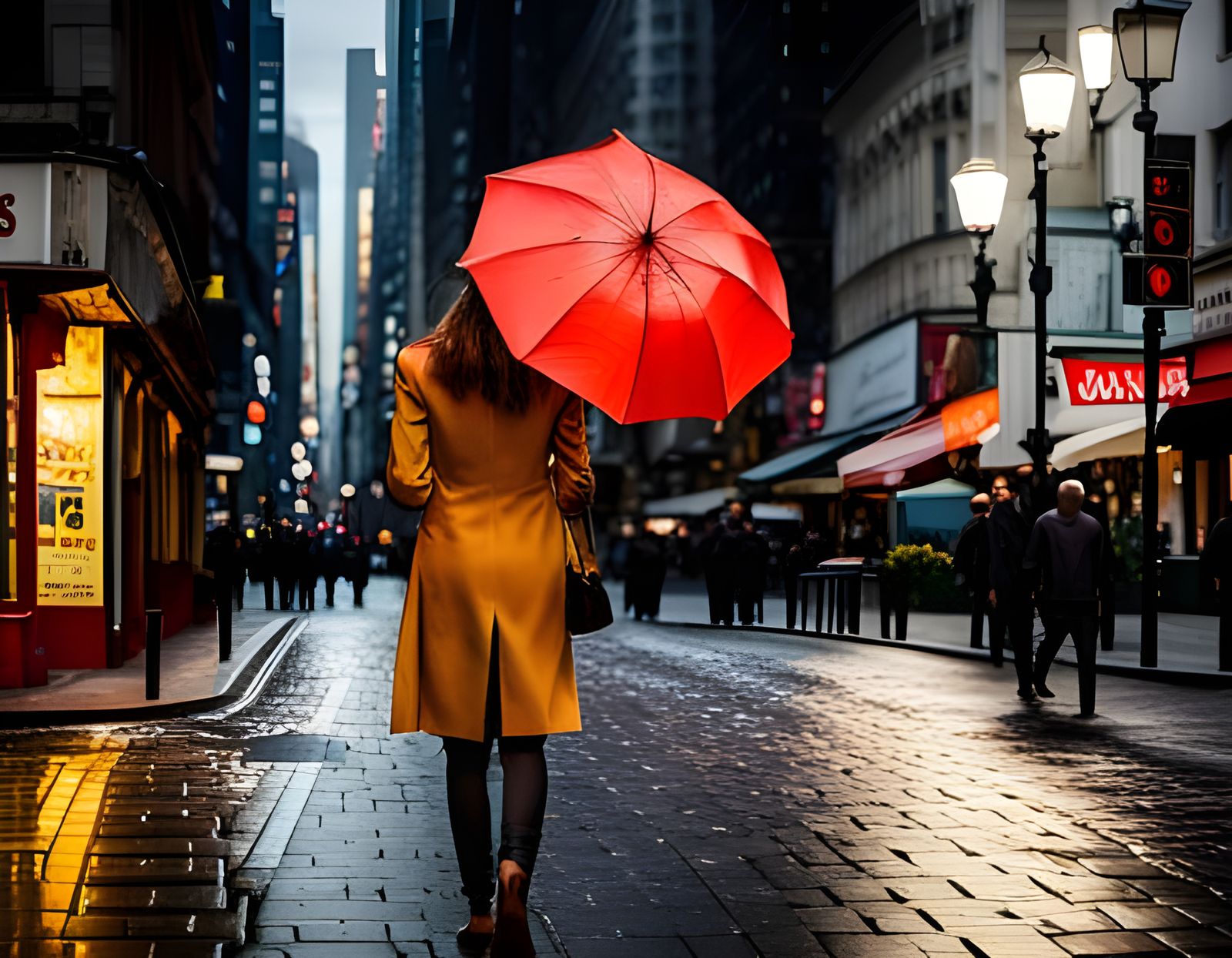 Girl with Yellow Umbrella in Rainy City: Gouache Style