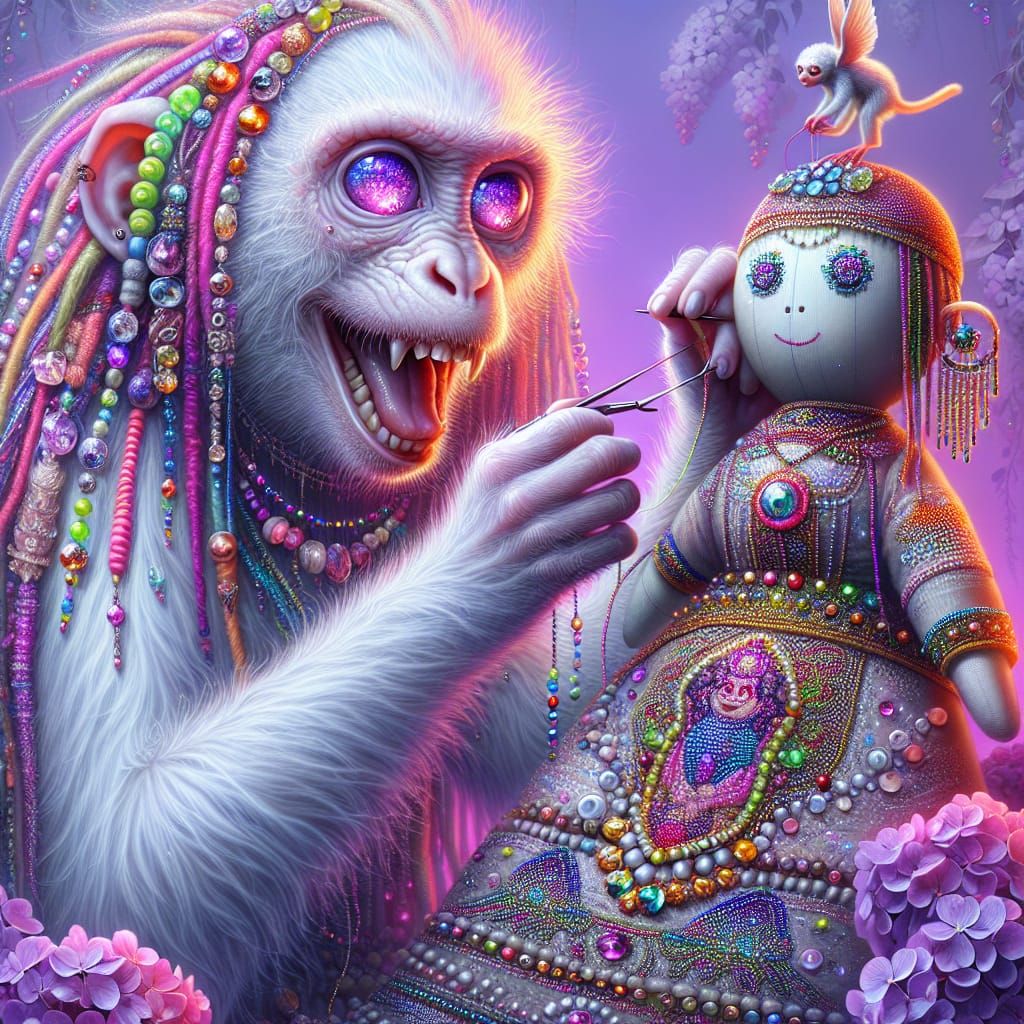 Albino Monkey Embroidering Doll: Fantasy Concept Art