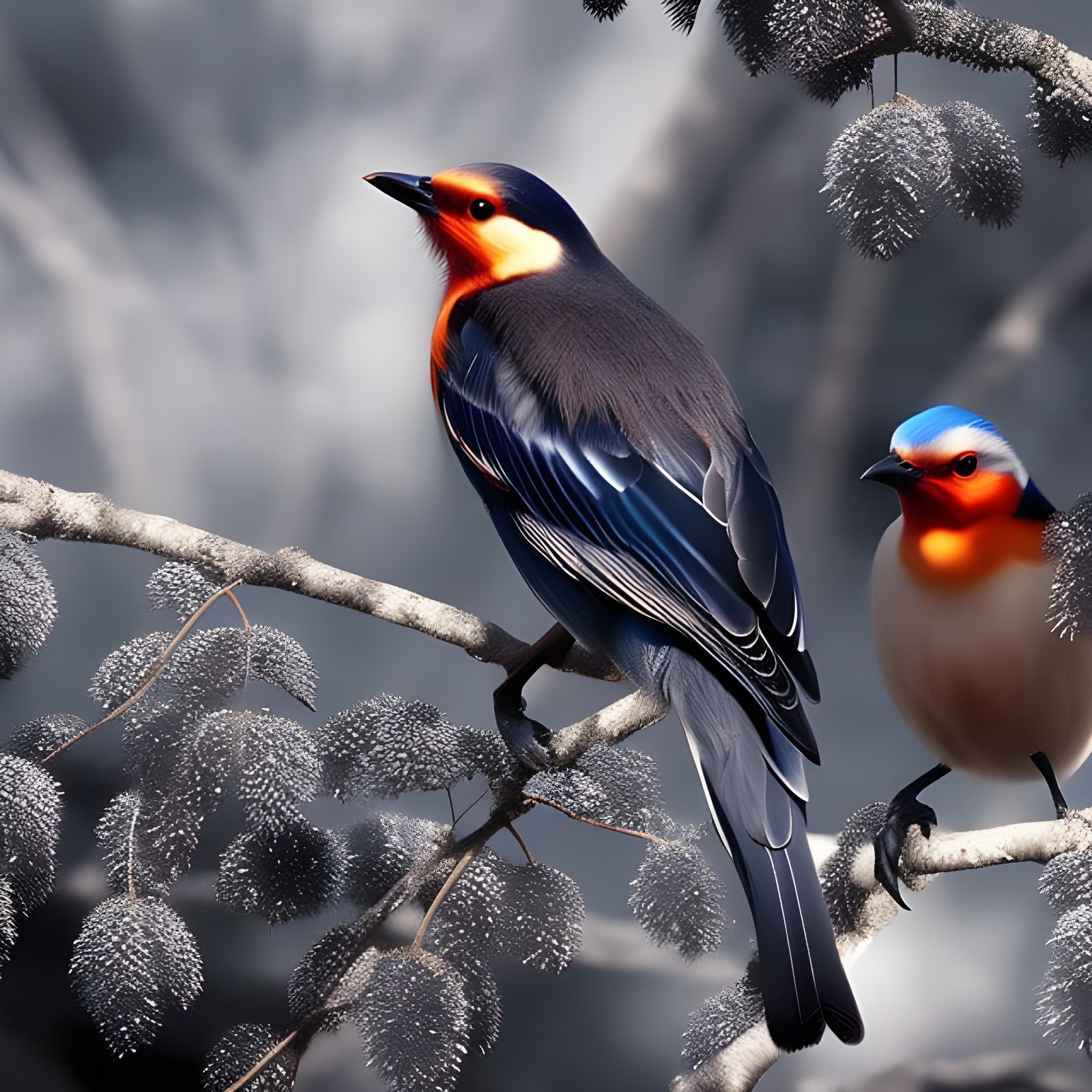 Colorful Birds Eating Raspberries: Oil Painting