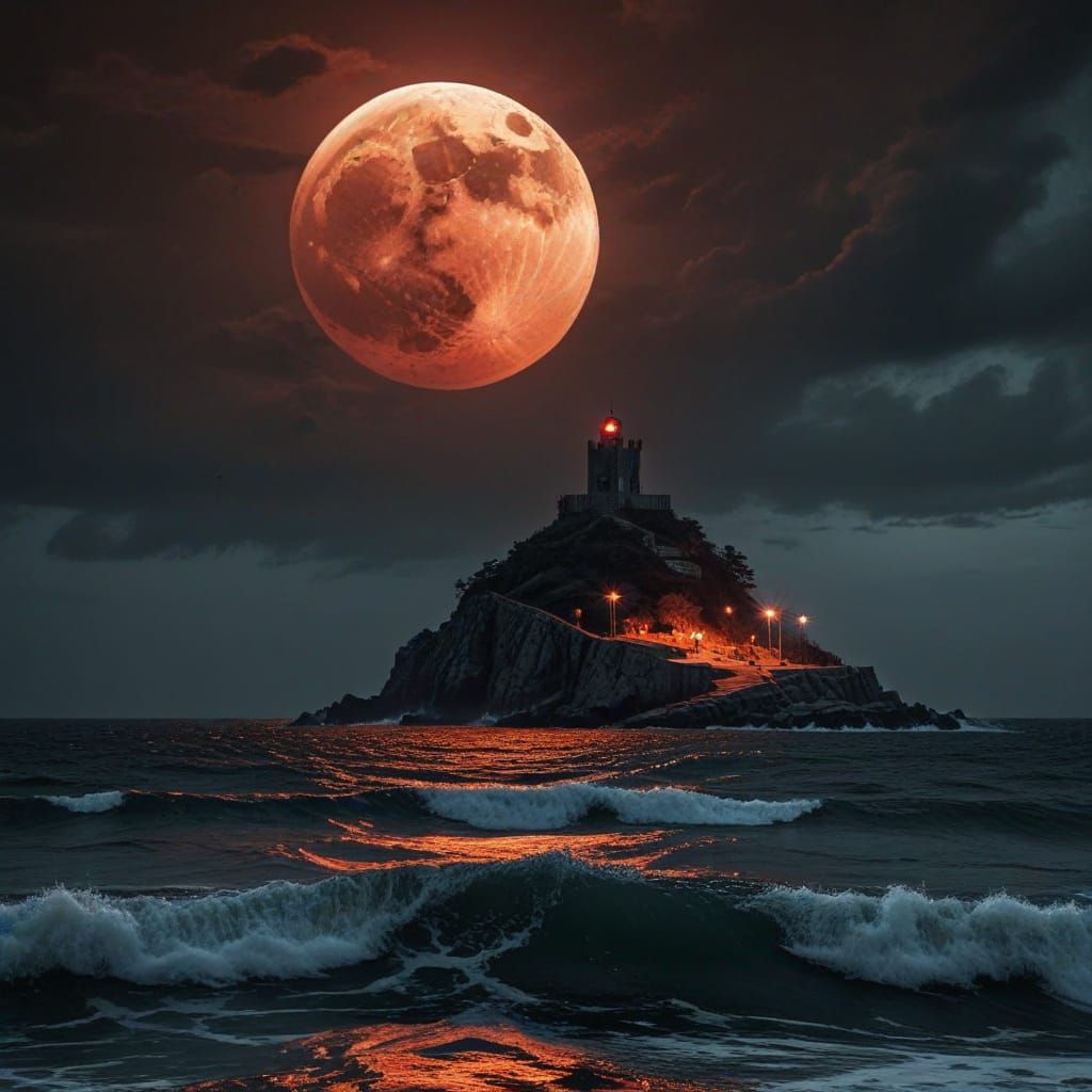 Menacing Presence in Devil's Sea Under Blood Moon