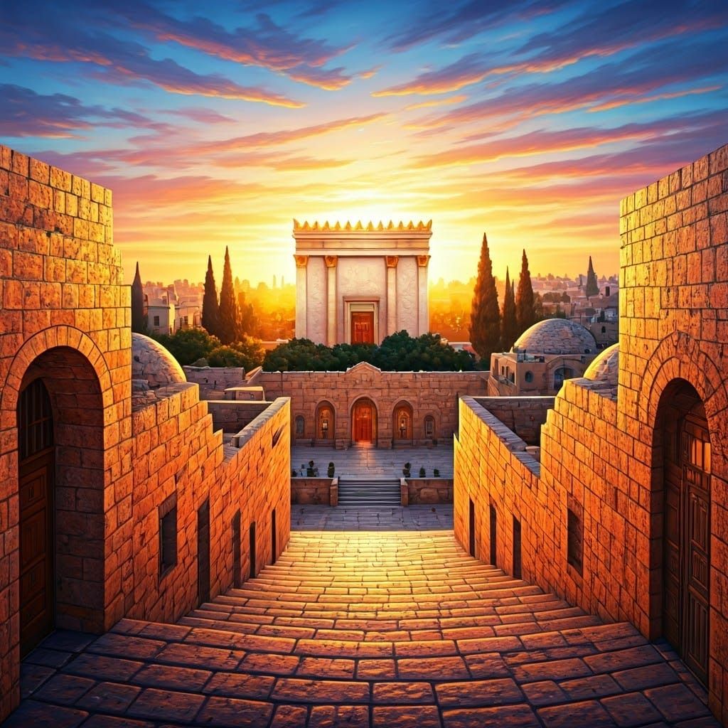 Golden Jerusalem Temple at Sunset in Dreamlike Realistic Sty...