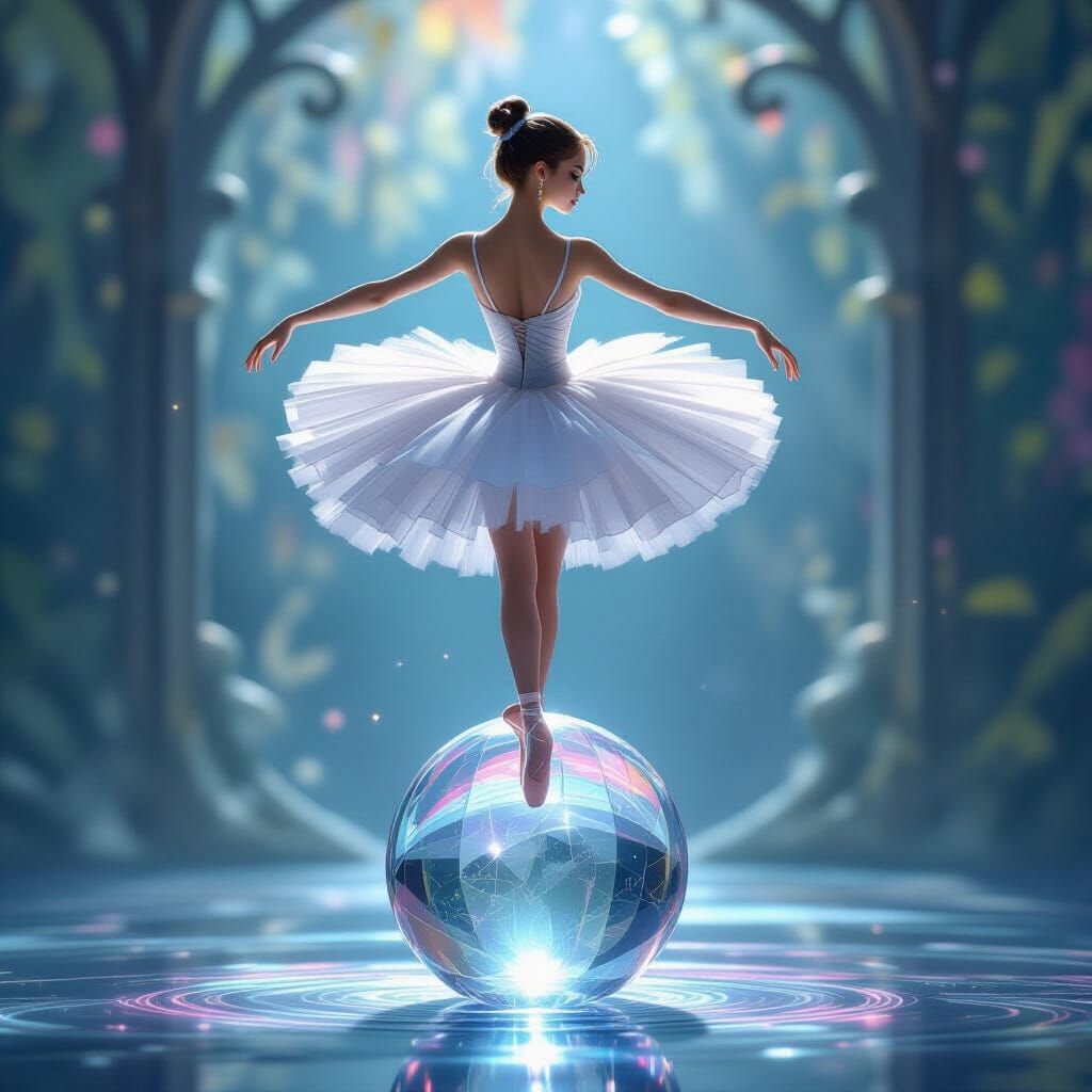 Crystalline Ballerina on Crystal Orb in Splash Art Style