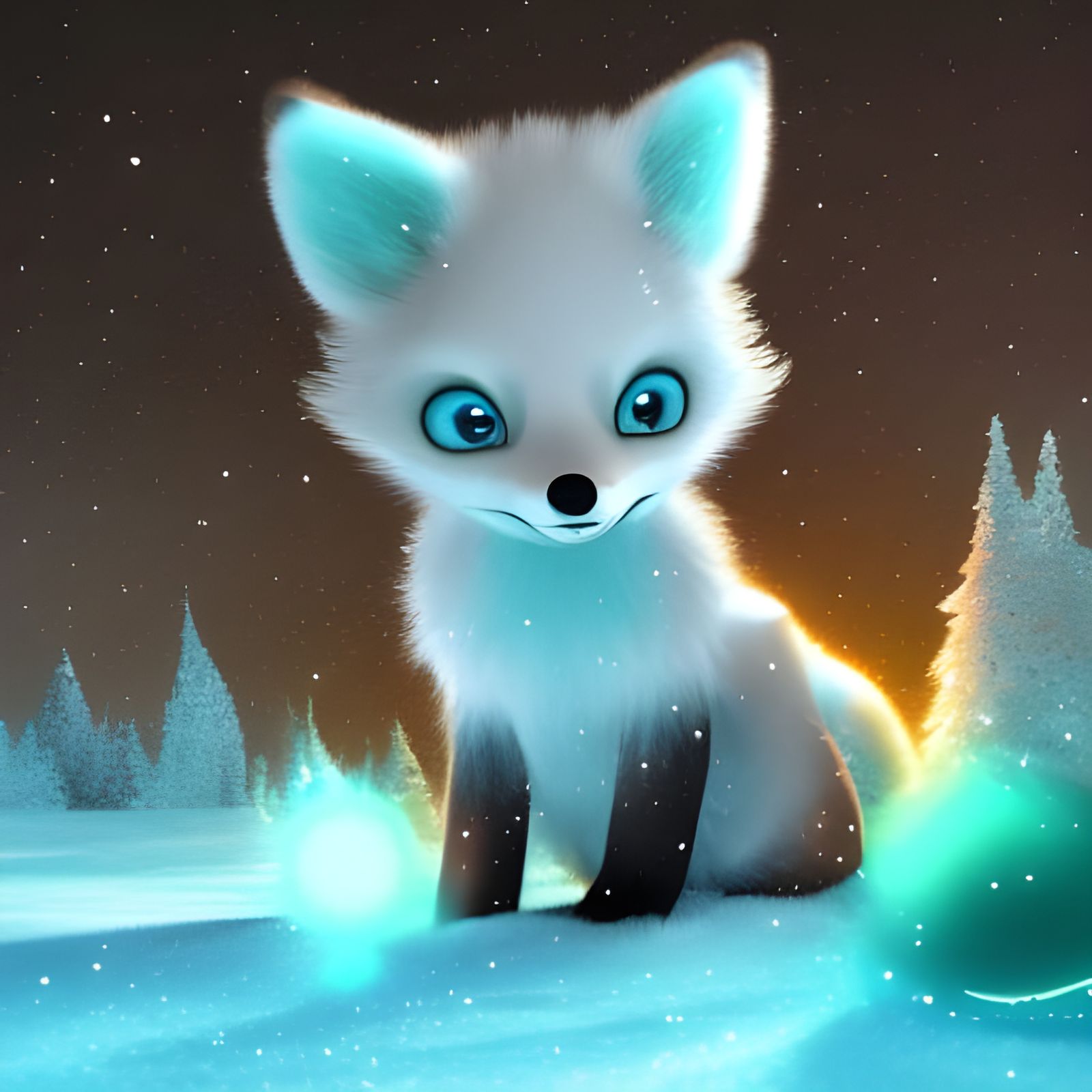 Adorable Cartoon Fox with Teal Crystal Sparkles