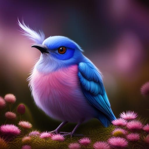 Cute Blue Bird with Fractal Flowers in Pixel Art