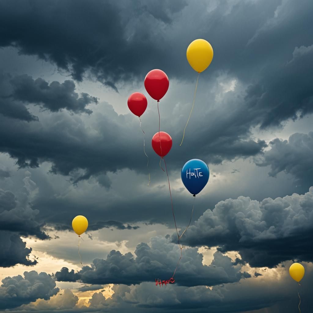 Balloons of Hate and Anger in Stormy Sky