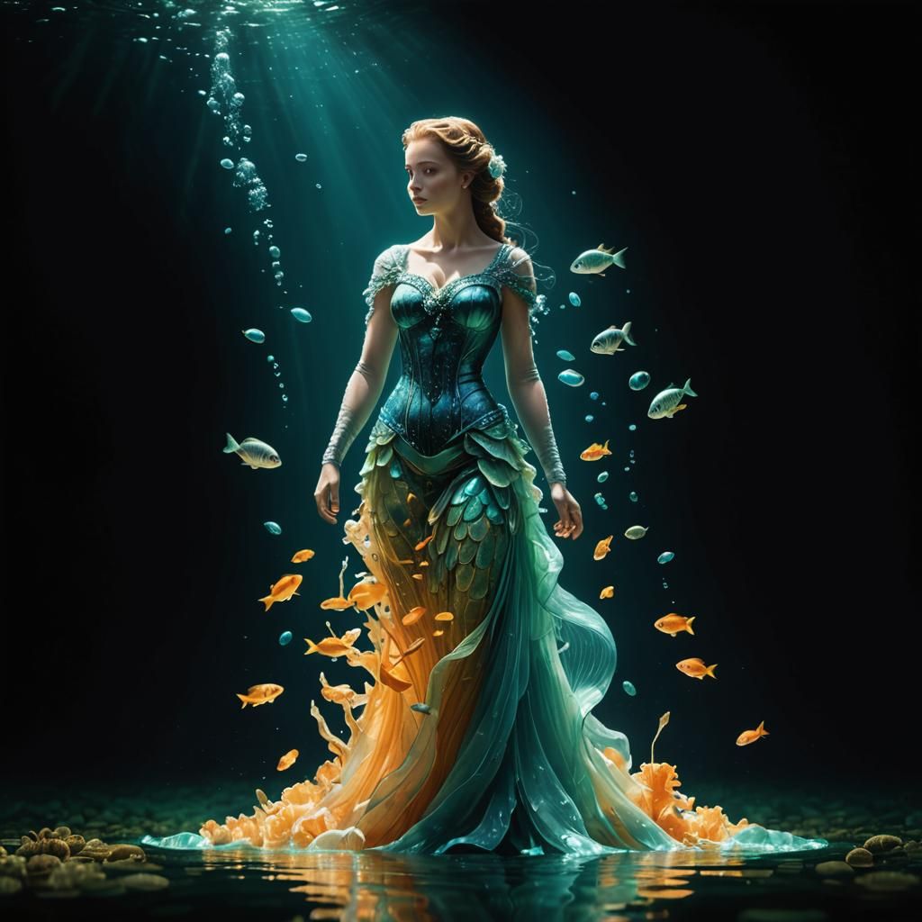 Mermaid in Cyan Waters with Swimming Seahorses