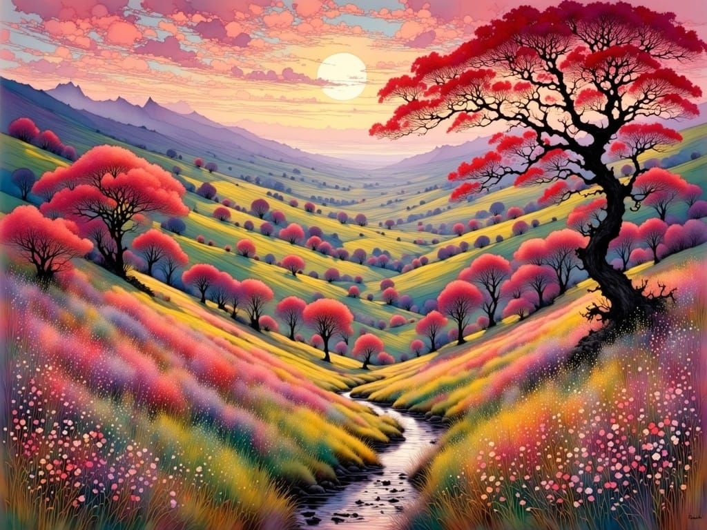 Shining Scottish Spring Landscape in Stained Glass Style