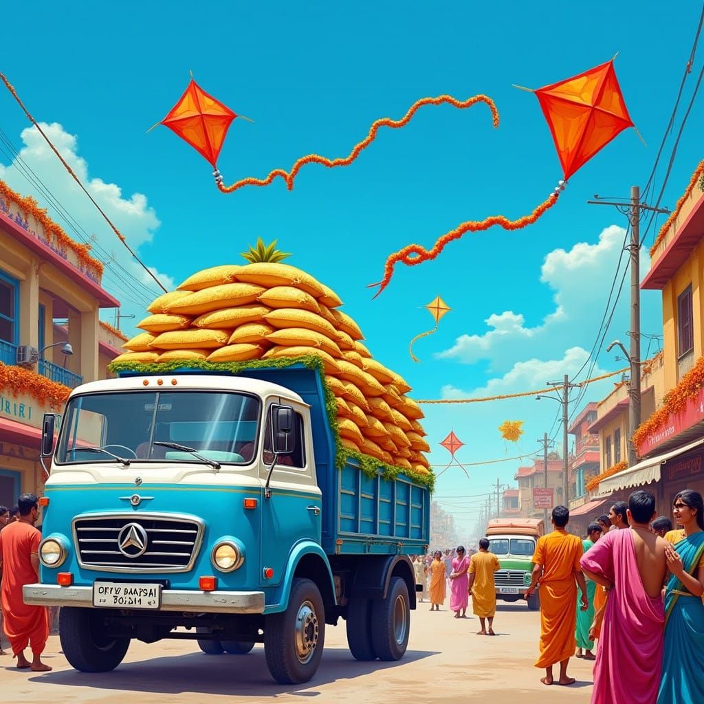 Joyful Makarsankranti Scene in Vibrant Indian Folk Art Style