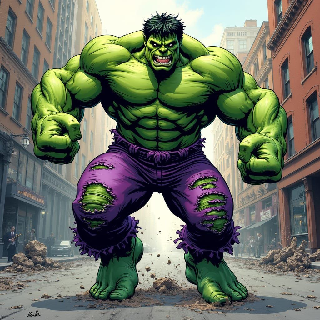 Hulk Smashing Through City in Comic Book Style