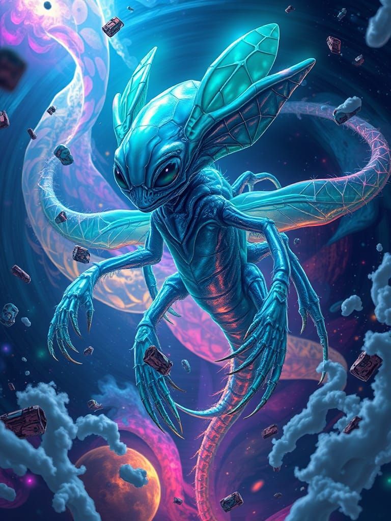 Bioluminescent Alien Creature Emerging from Vortex