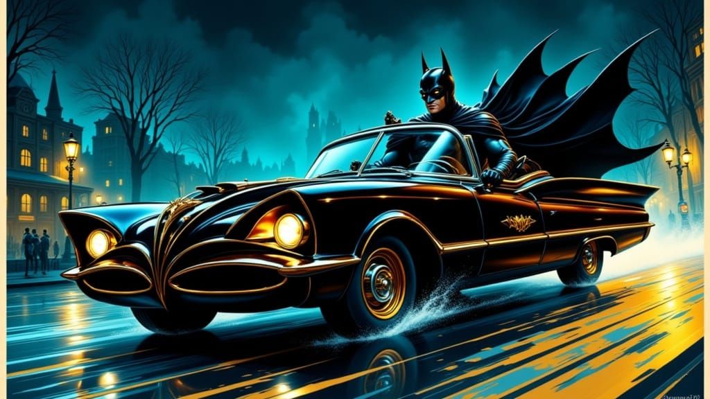 A 1950s comic book style illustration of  Batman riding in the Batmobile!