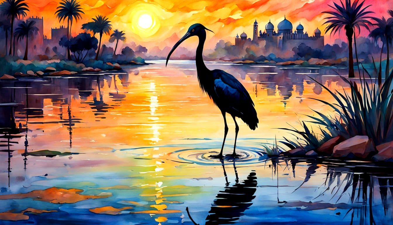Ibis Silhouette in Arabia: Dreamy Watercolor Sunset