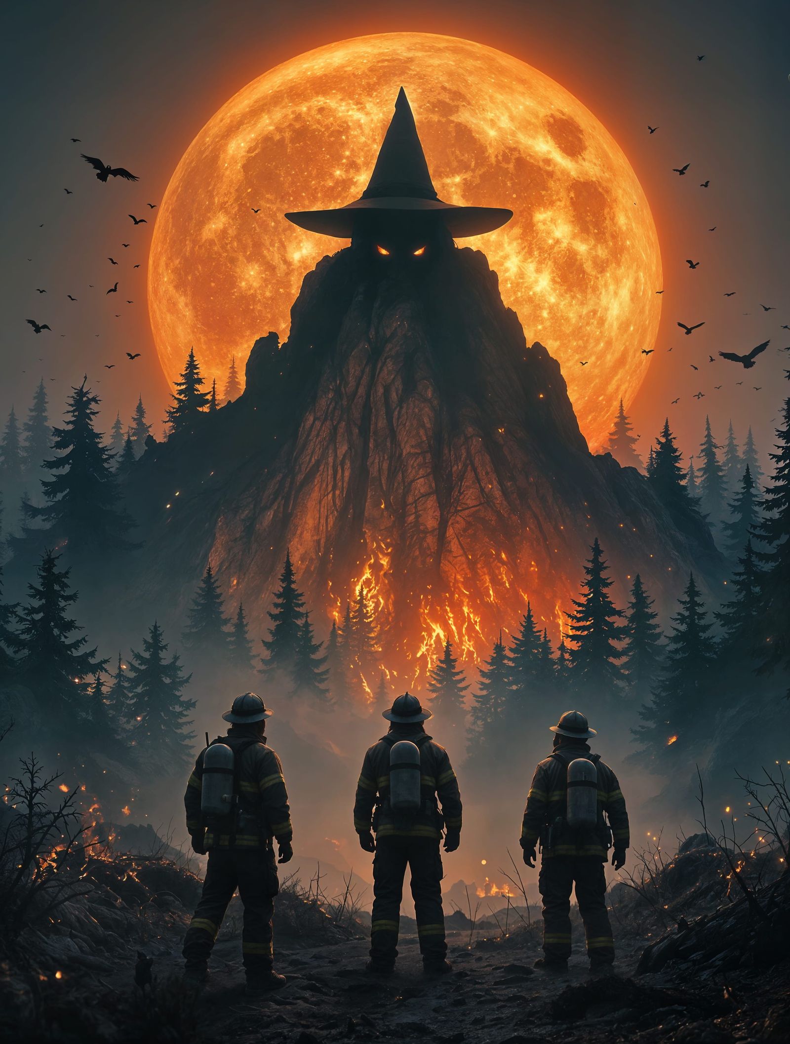 Firefighters Confront Majestic Moonlit Mountain