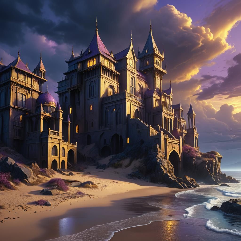 Mystical Coastal Cityscape in Dark Fantasy Style