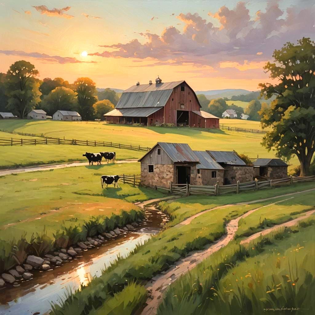 Pennsylvania Bank Barn at Dusk with Cows