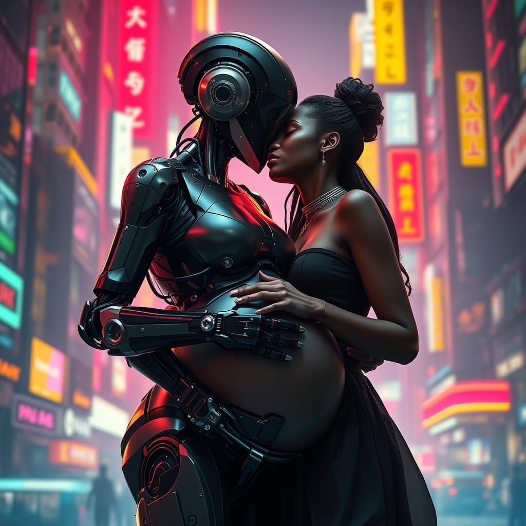 Cyborg Mother Tenderly Kisses a Beautiful Woman in Neon-Lit....