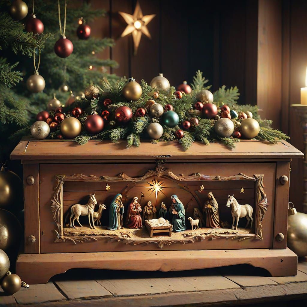 Antique Cedar Chest with Nativity Scene and Vintage Christma...
