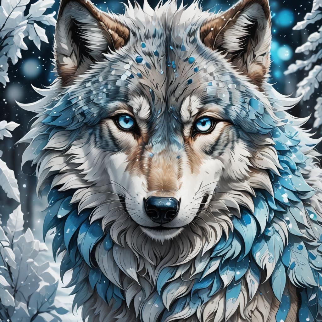 Icy Blue-Eyed Wolf in Anime Style