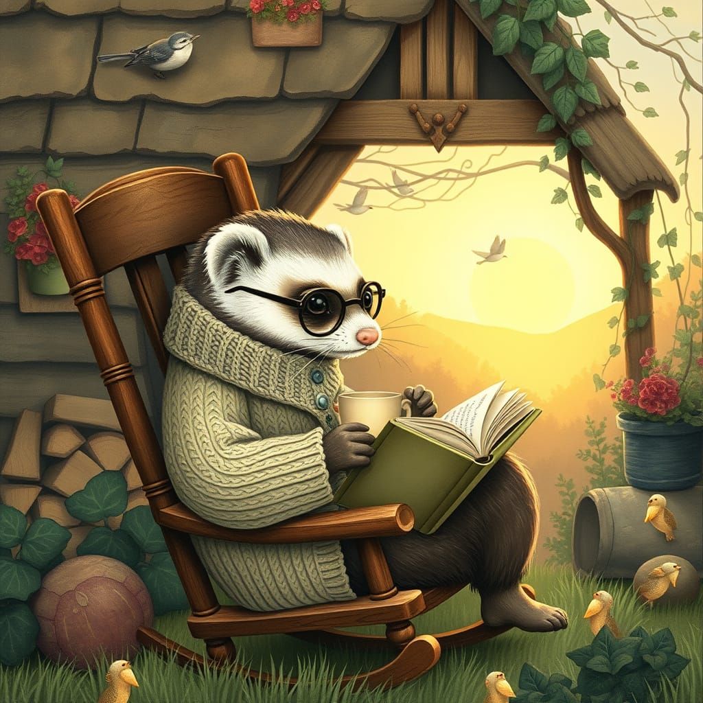 Ferret Reading by Cottage: Storybook Illustration