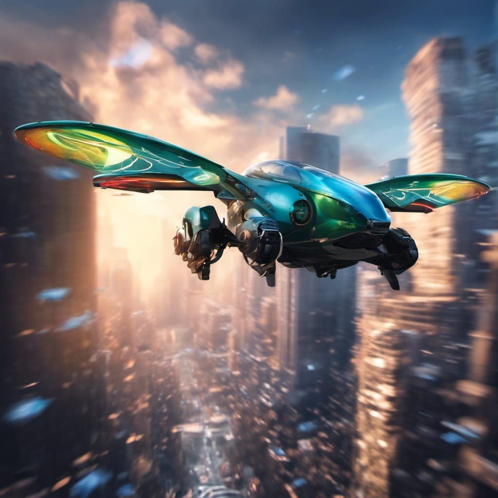 Futuristic Dragonfly Aircrafts in Cyberpunk Cityscape