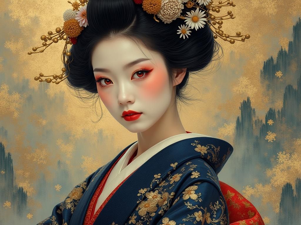 Geisha in Flowing Kimono: A Surrealist Oil Painting